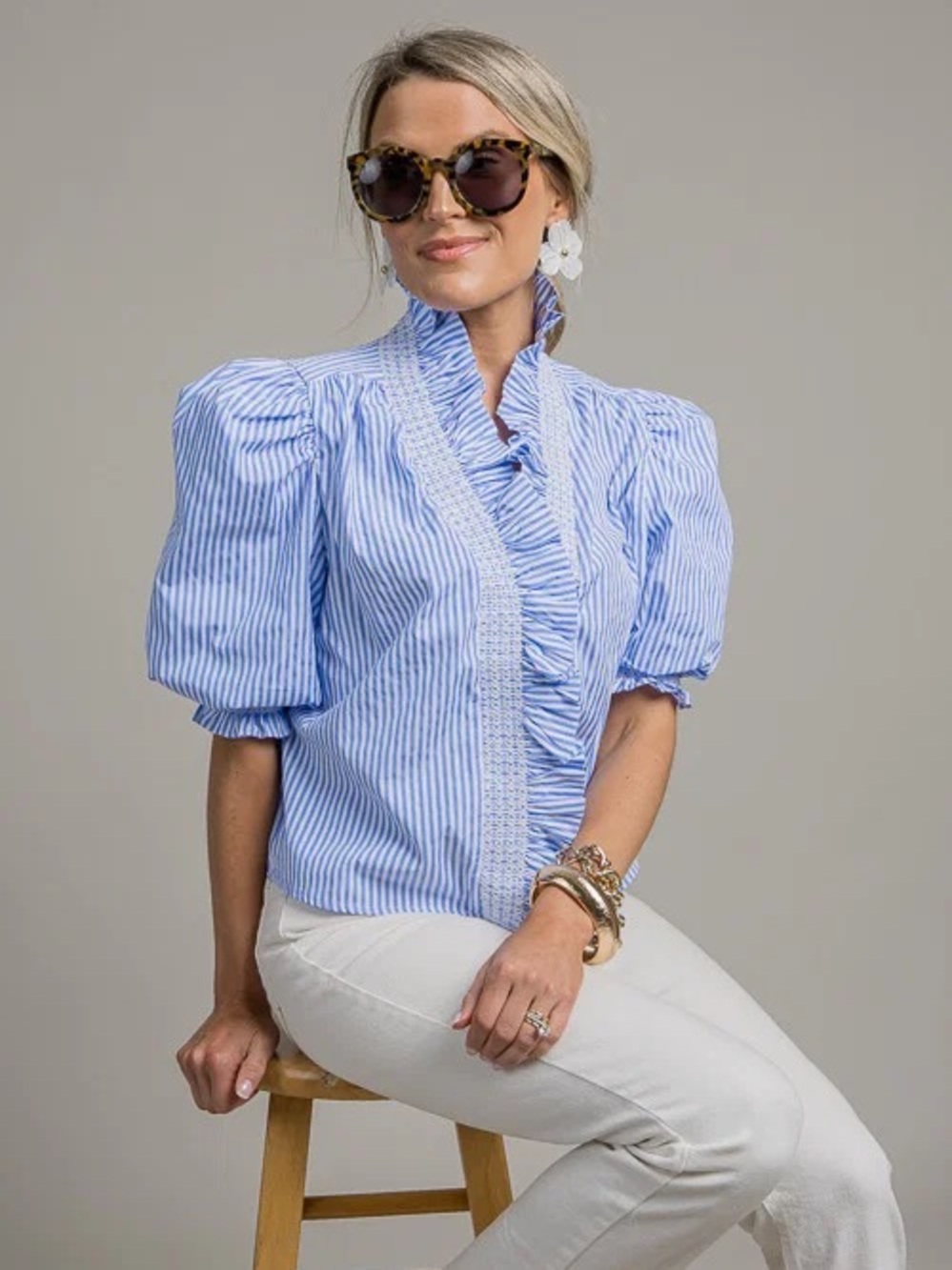 Karlie Blue Striped Ruffle Puff-Sleeve Button Up Blouse size Small - Picture 2 of 8